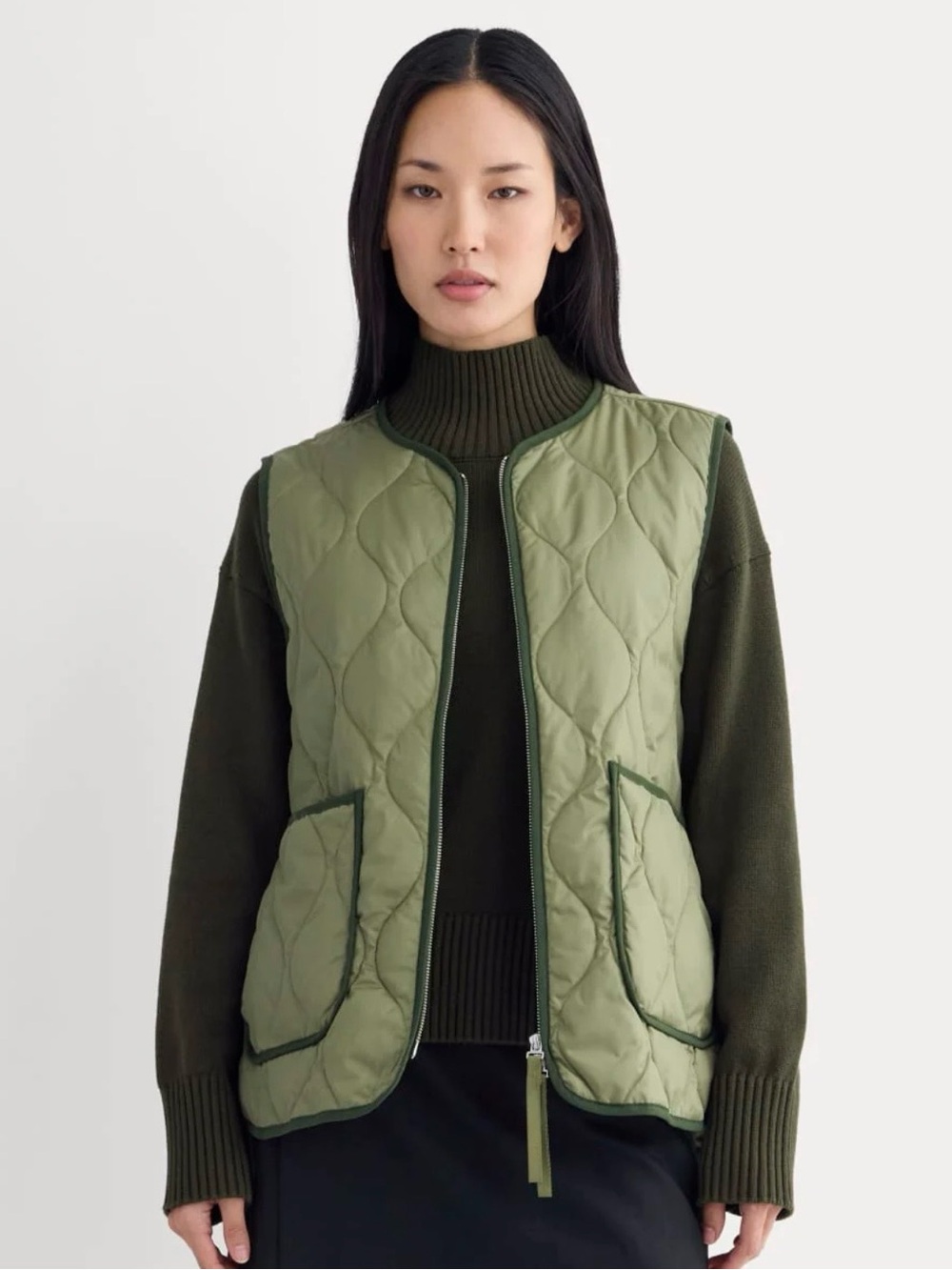 Everlane Two-Tone Olive Quilted Zip Vest